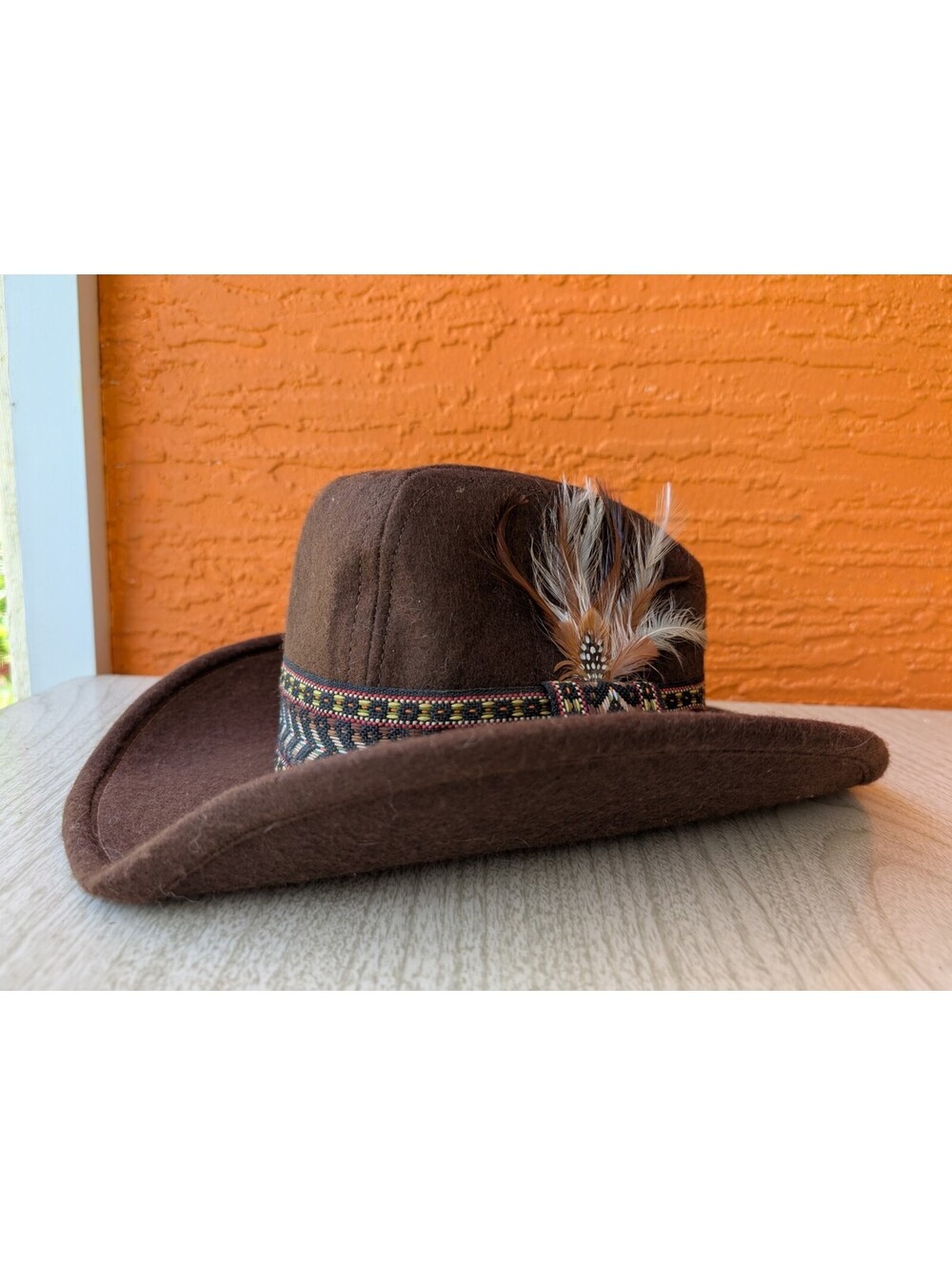 Vintage Boys Brown Wool Felt Cowboy Hat Feather USA Made Size 6 7/8–7 Western
